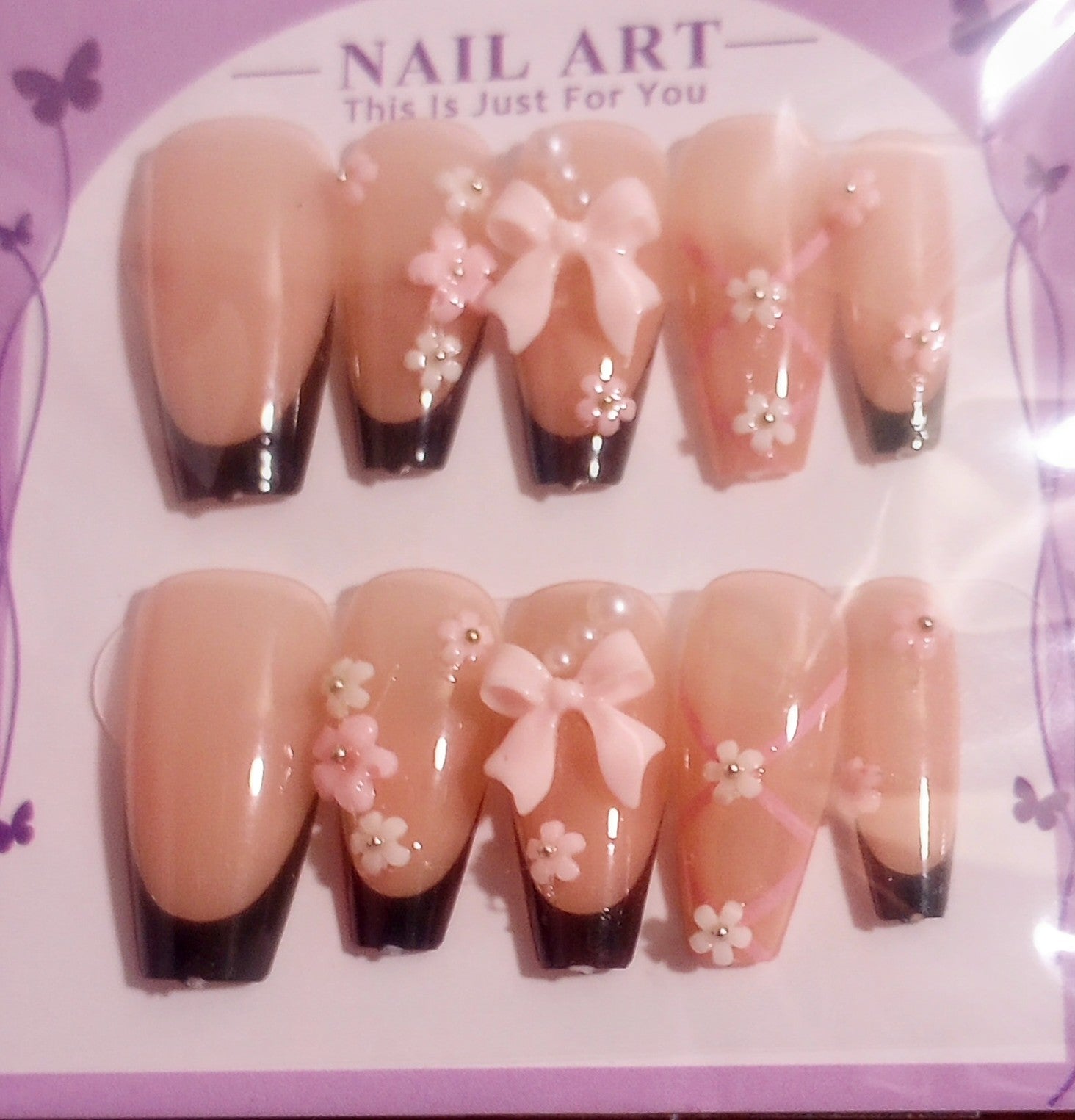 Pink Bows and Flowers Nail Set, Size M