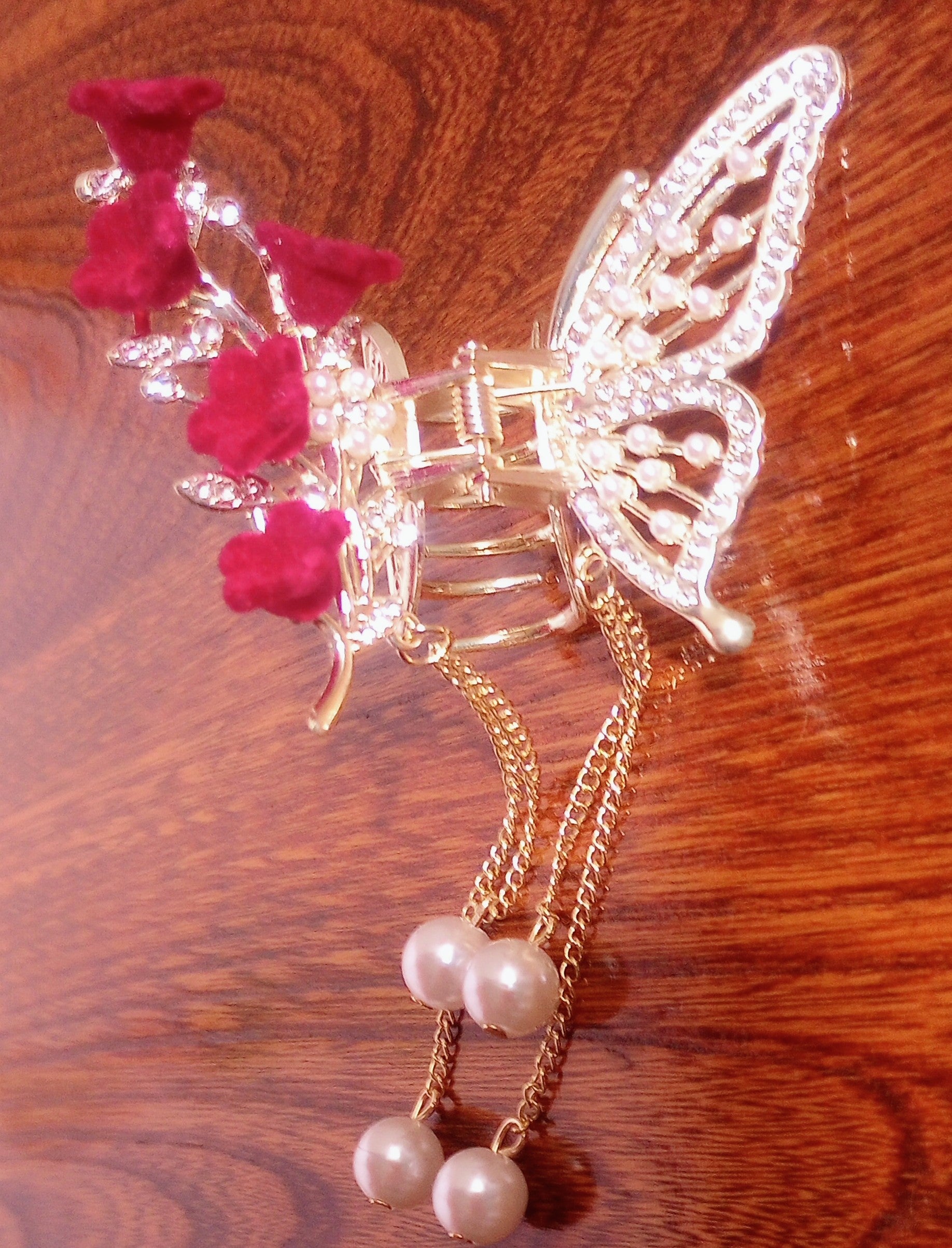Butterfly Hair Claw Clip with Red Roses and Pearls