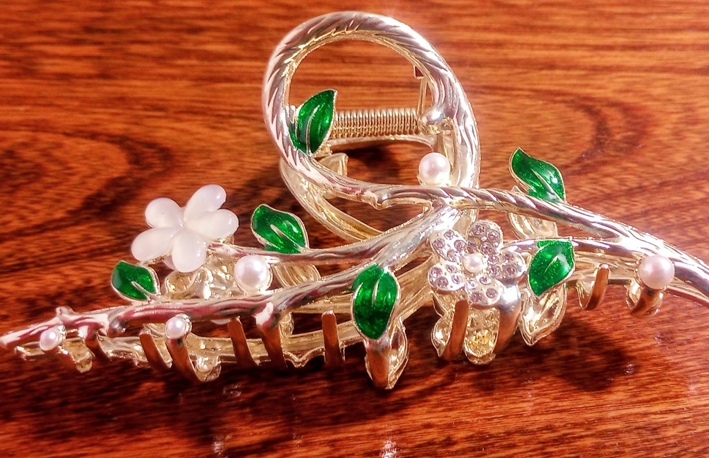 Vining White Flower Metal Hair Claw Clip, Full Size